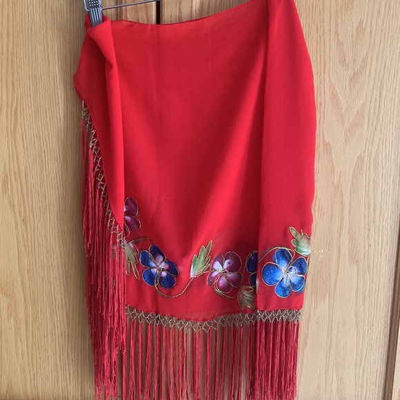 Women’s Red Floral Fringe Wrap Skirt  Swimsuit Cover-Up - Picture 7 of 13